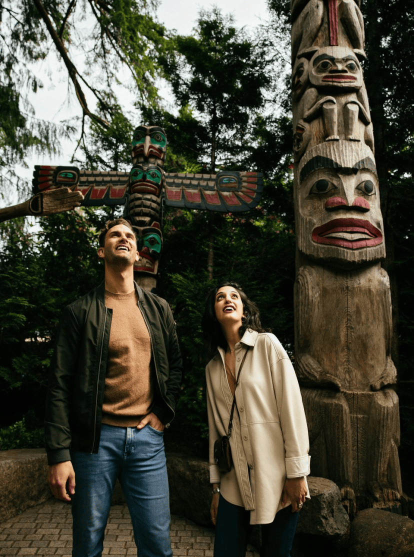 Indigenous tourism bc couple with totems